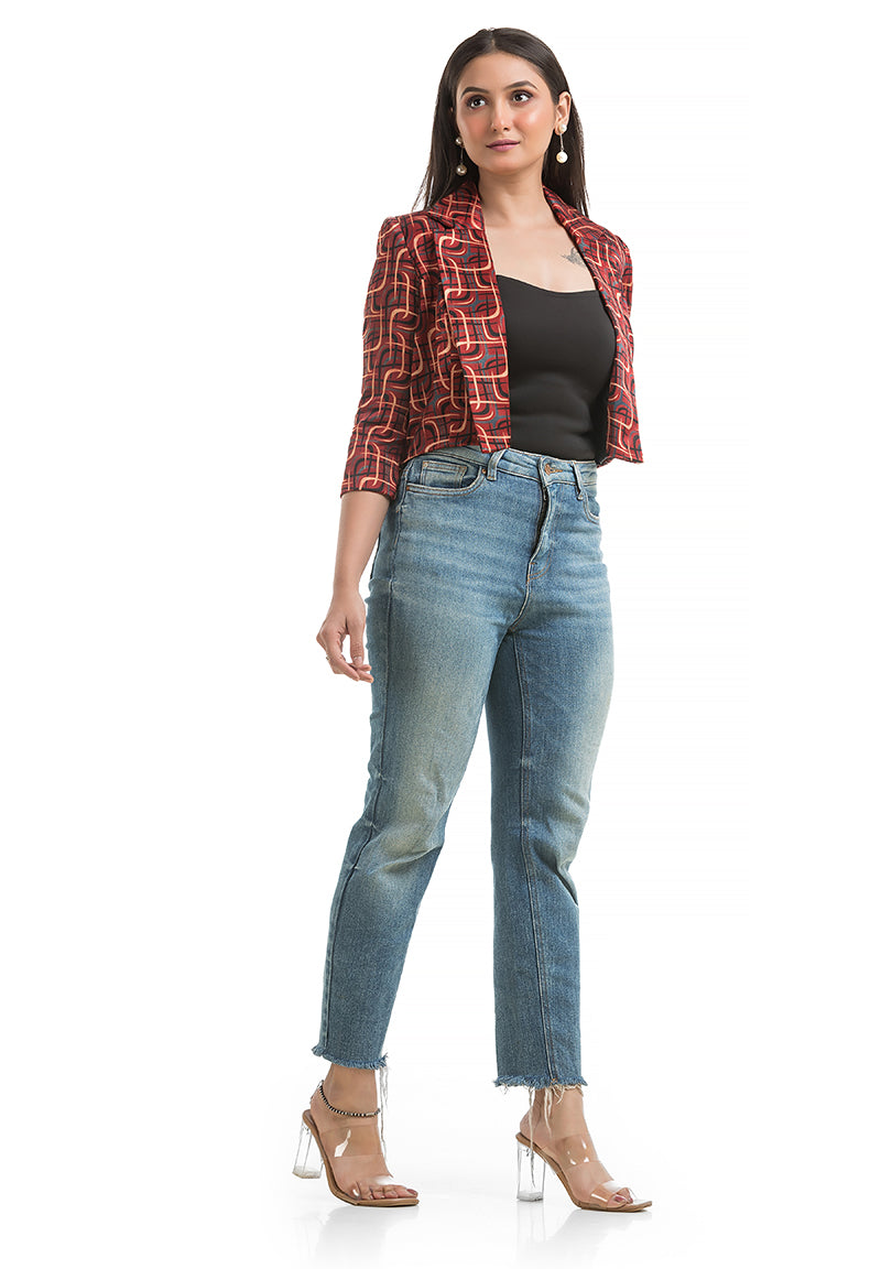 Women's Maroon Ajrakh Printed Jacket