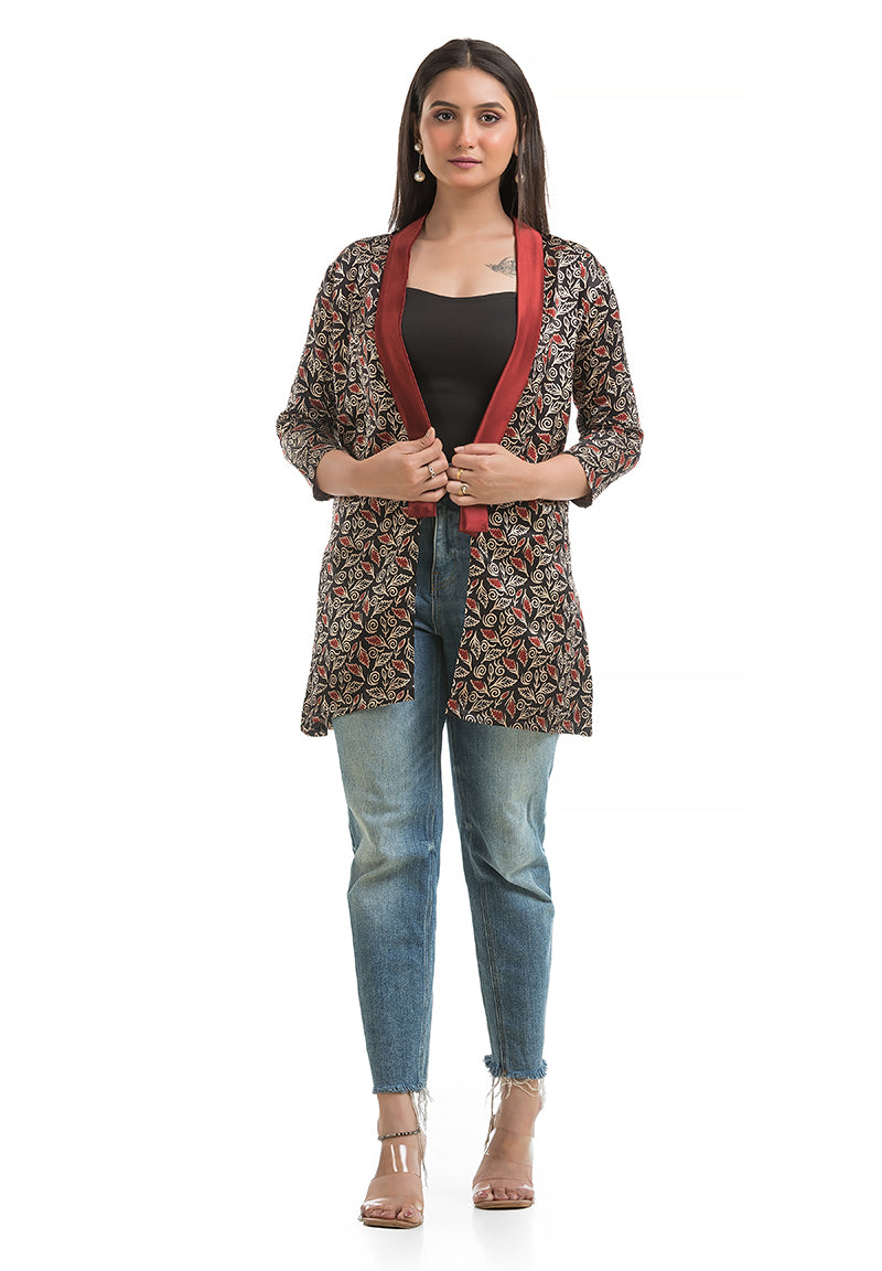 Women's Mashru Silk Black Maroon Shawl Collar Shrug