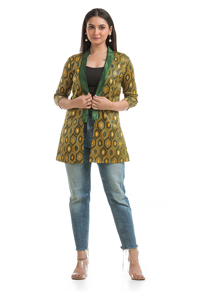 Women's Mashru Silk Yellow Shawl Collar Shrug