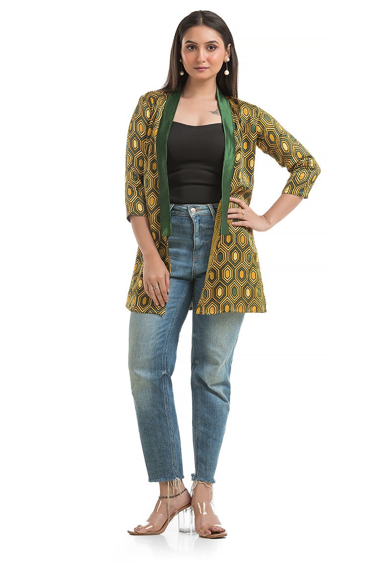 Women's Mashru Silk Yellow Shawl Collar Shrug