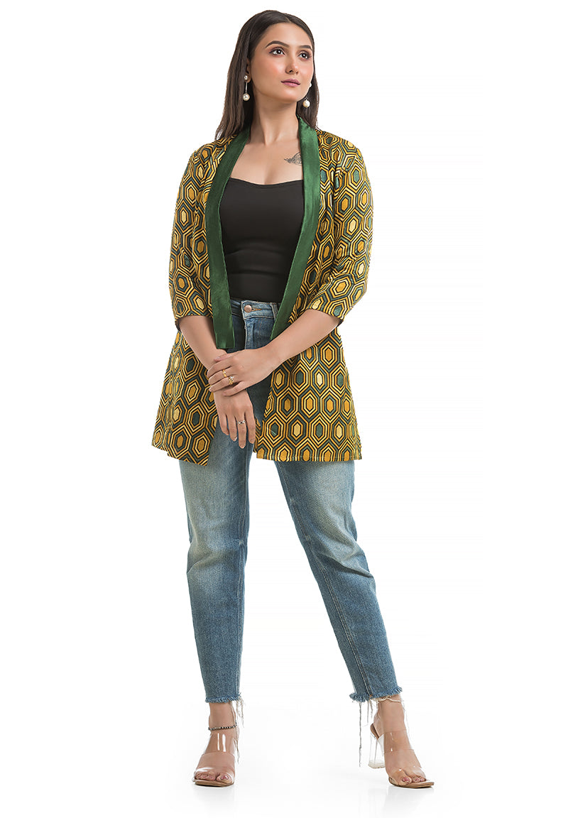 Women's Mashru Silk Yellow Shawl Collar Shrug
