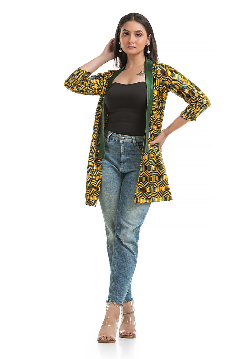 Women's Mashru Silk Yellow Shawl Collar Shrug