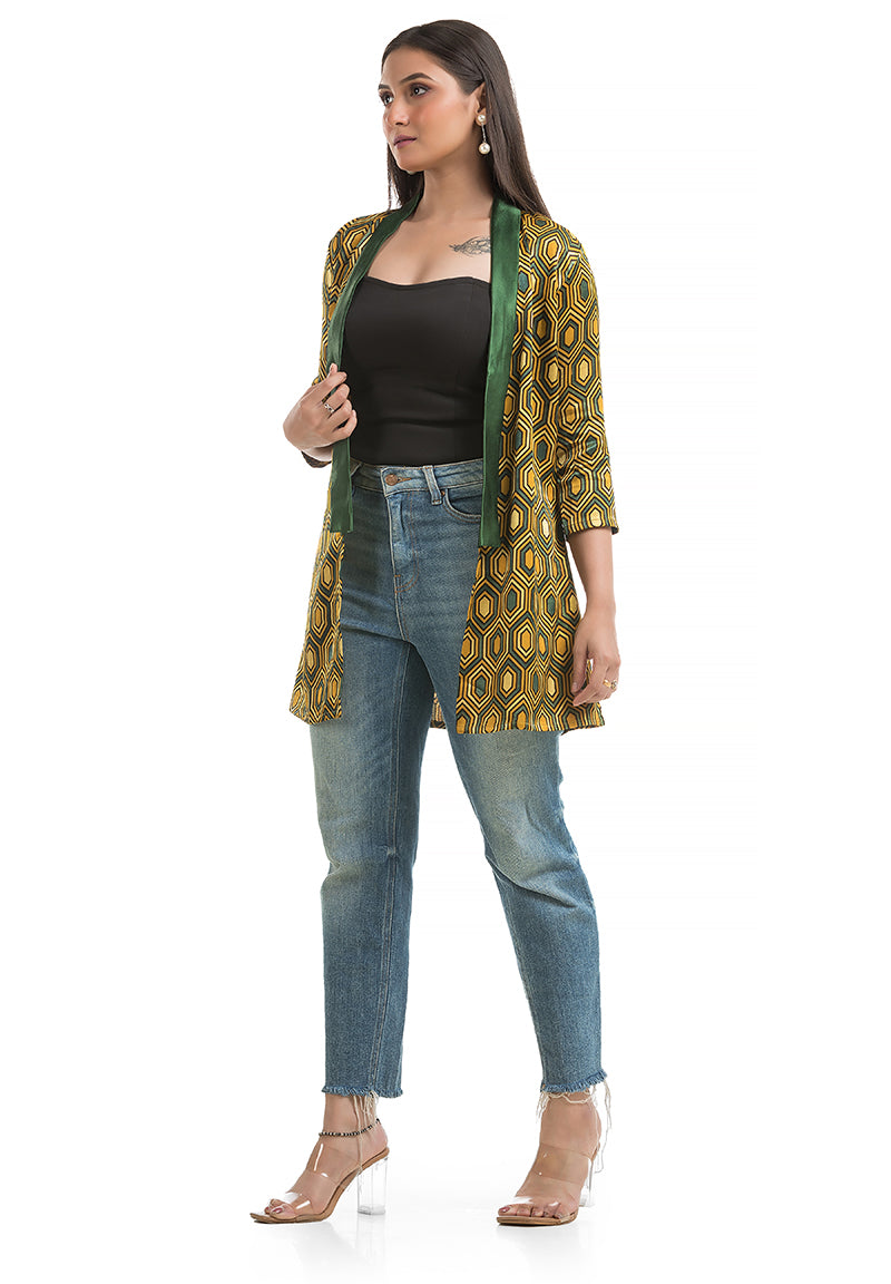 Women's Mashru Silk Yellow Shawl Collar Shrug