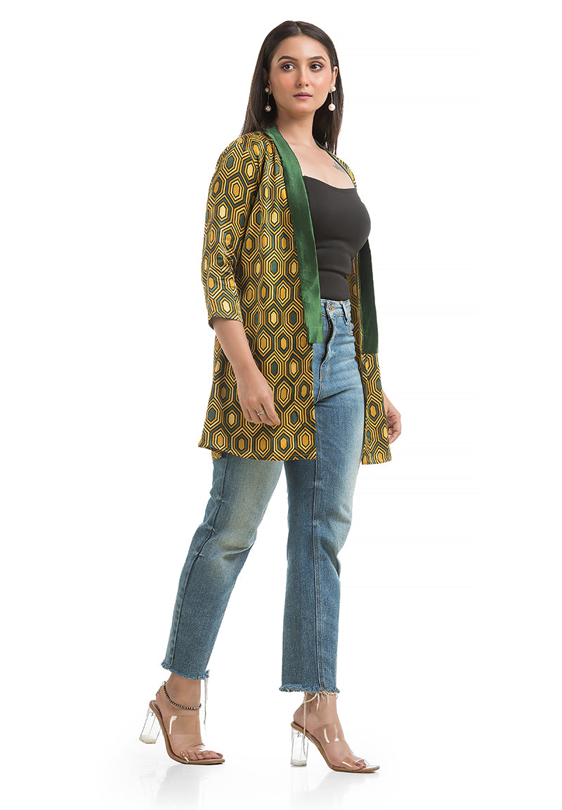 Women's Mashru Silk Yellow Shawl Collar Shrug