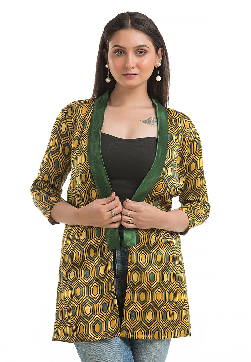 Women's Mashru Silk Yellow Shawl Collar Shrug
