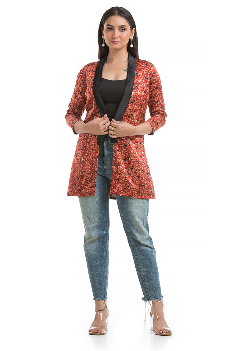 Women's Mashru Silk Maroon Shawl Collar Shrug