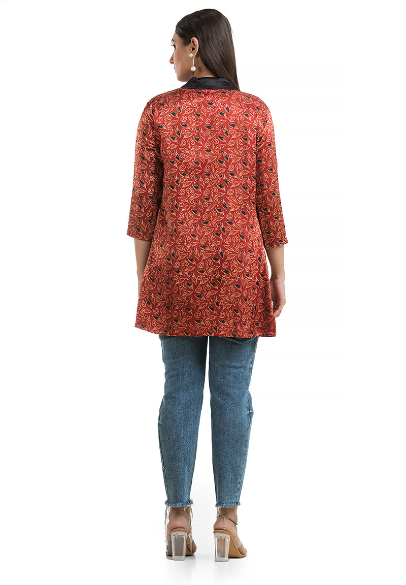 Women's Mashru Silk Maroon Shawl Collar Shrug