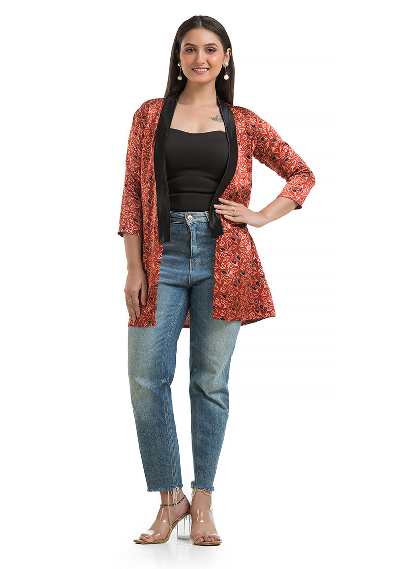 Women's Mashru Silk Maroon Shawl Collar Shrug