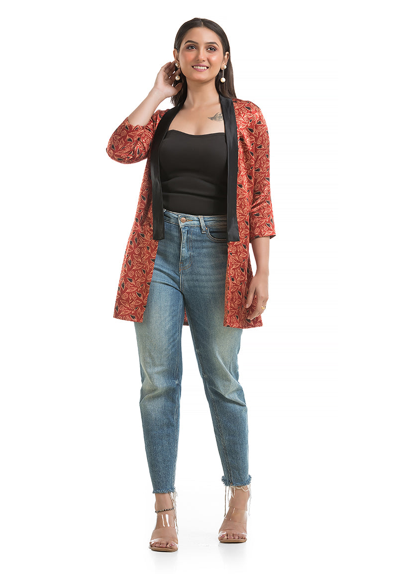 Women's Mashru Silk Maroon Shawl Collar Shrug