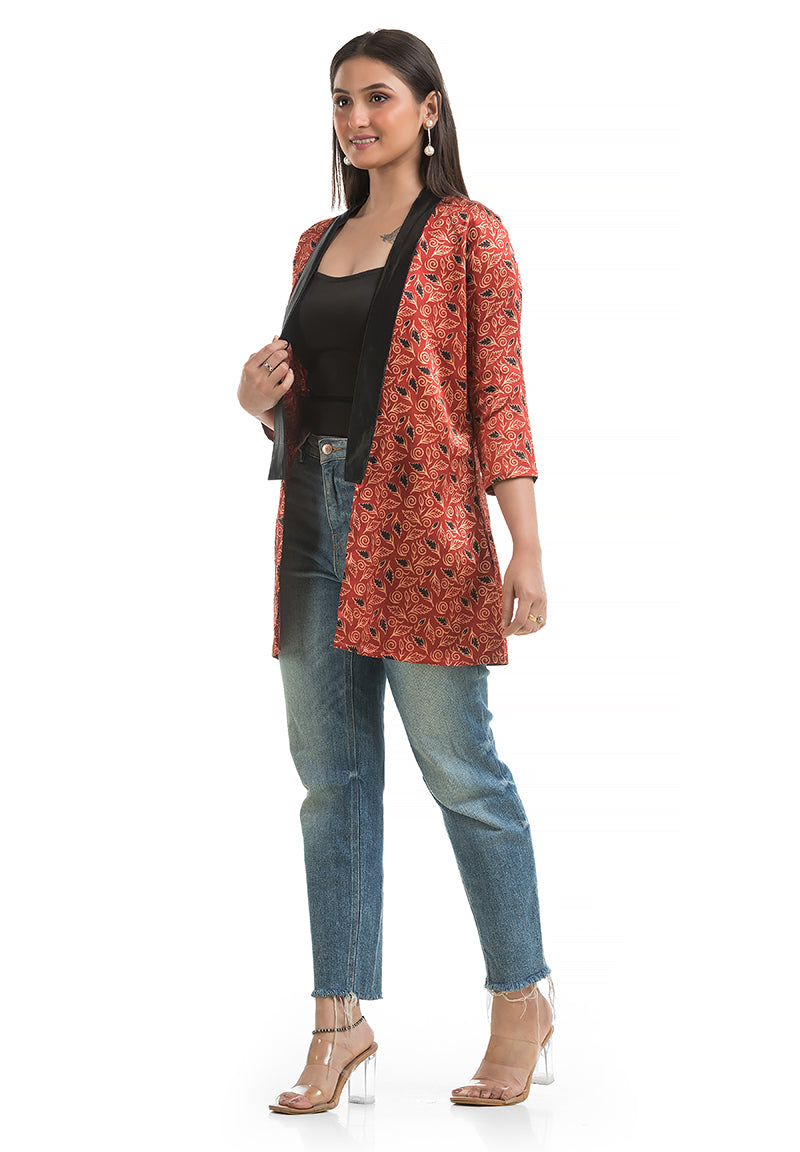 Women's Mashru Silk Maroon Shawl Collar Shrug