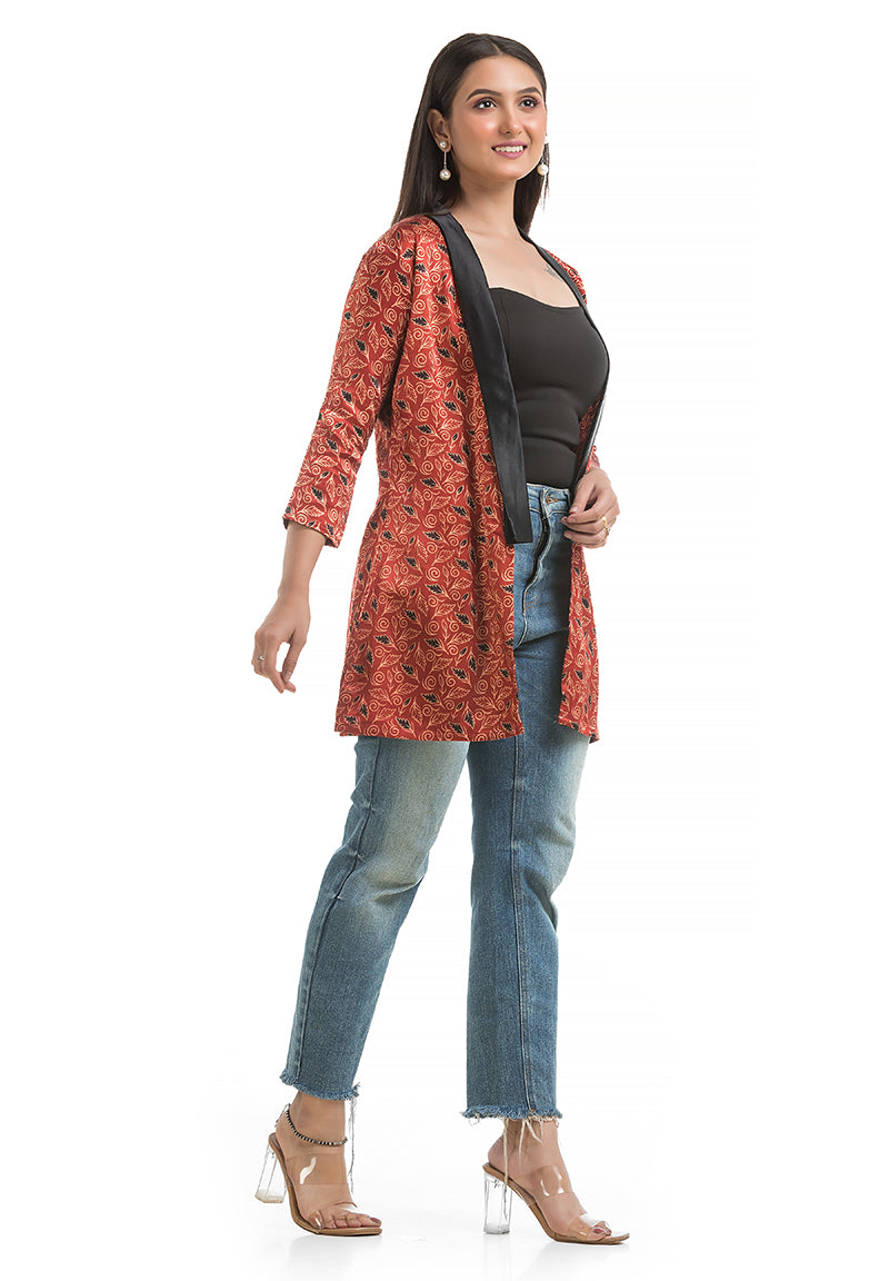 Women's Mashru Silk Maroon Shawl Collar Shrug
