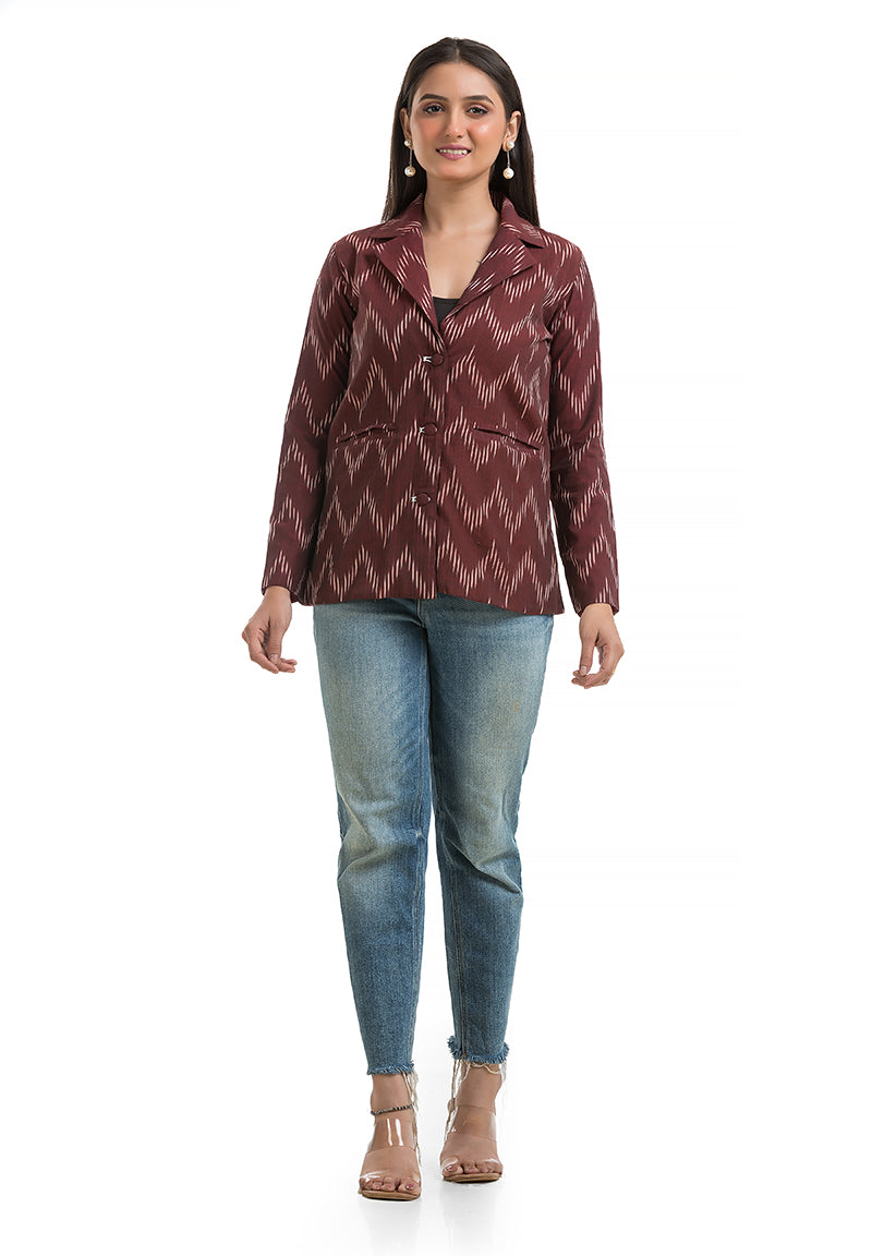 Women's Maroon Ikkat Printed Blazer