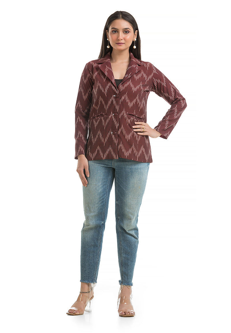 Women's Maroon Ikkat Printed Blazer