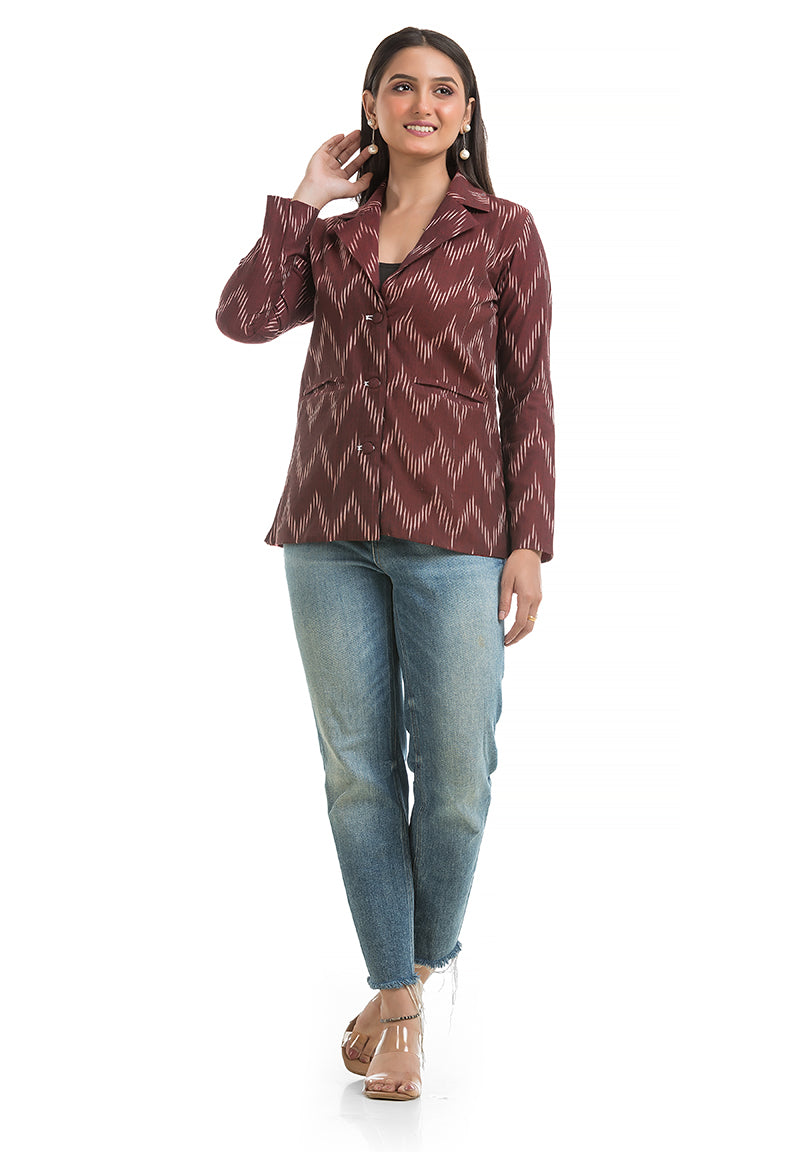 Women's Maroon Ikkat Printed Blazer