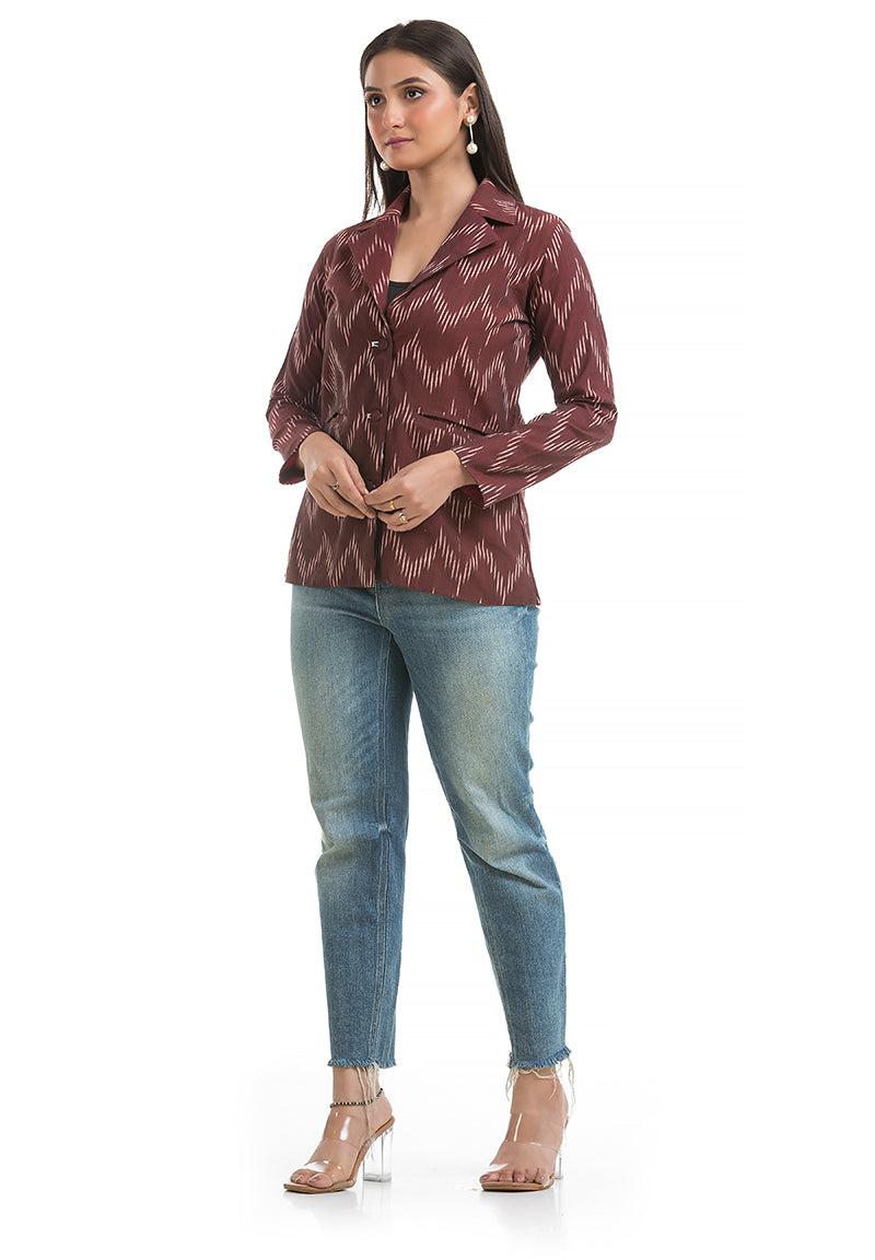 Women's Maroon Ikkat Printed Blazer
