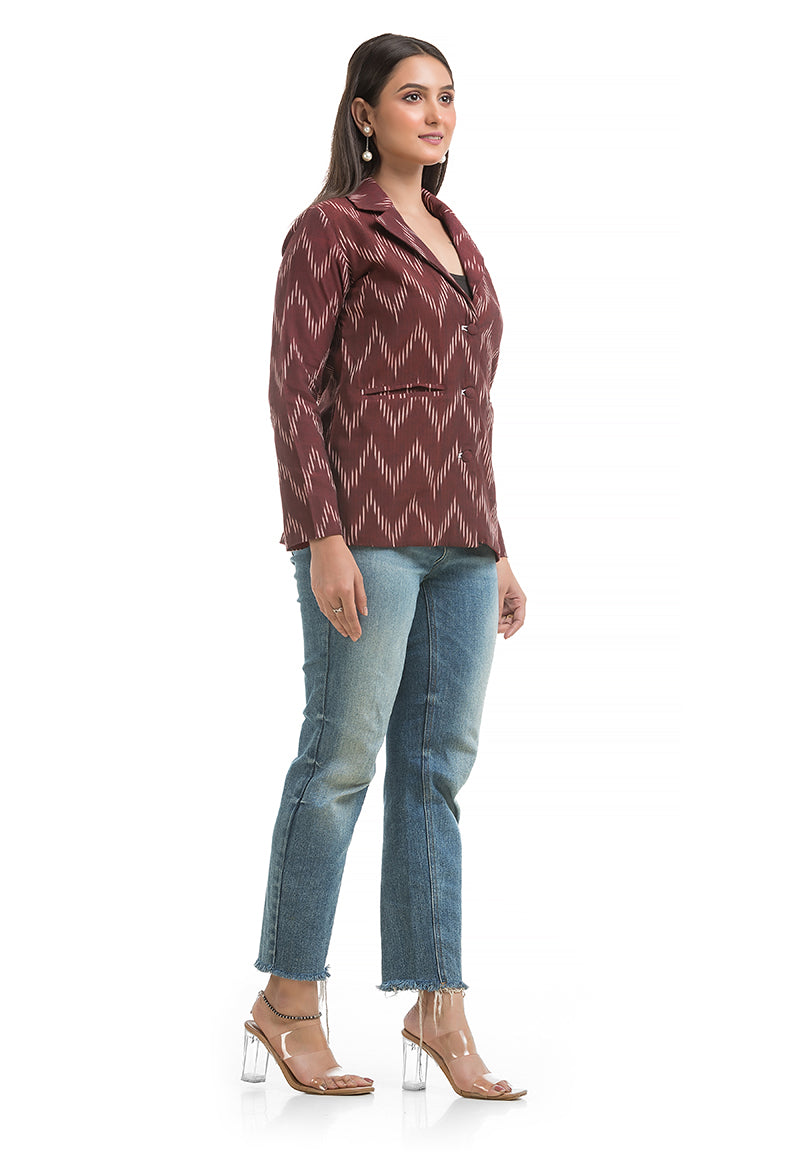 Women's Maroon Ikkat Printed Blazer