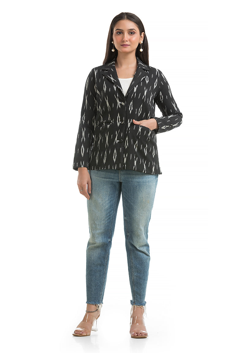 Women's Black Ikkat Printed Blazer