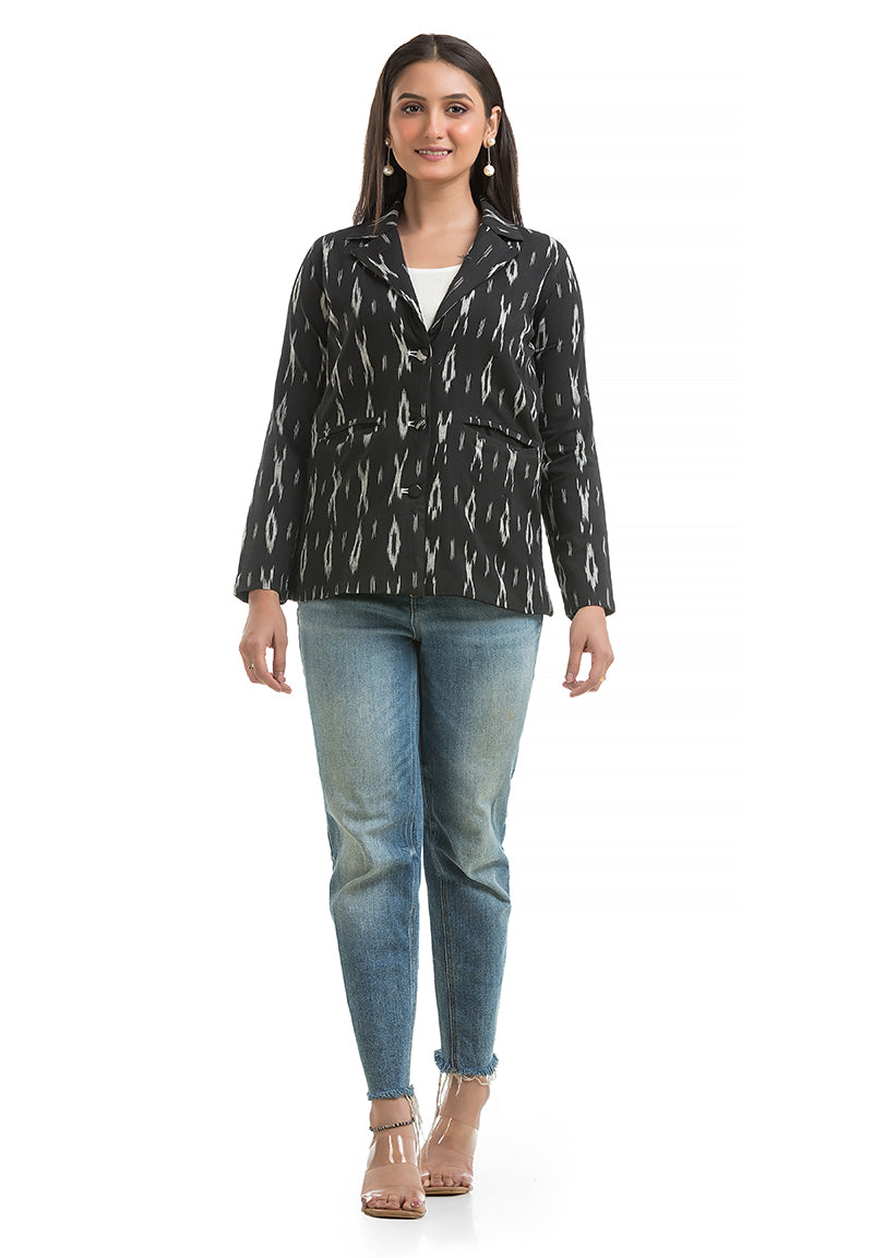 Women's Black Ikkat Printed Blazer