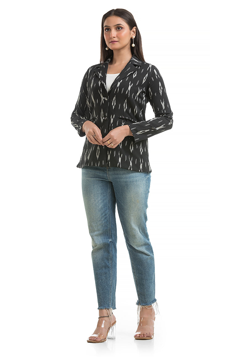 Women's Black Ikkat Printed Blazer