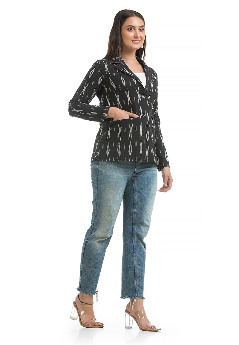 Women's Black Ikkat Printed Blazer