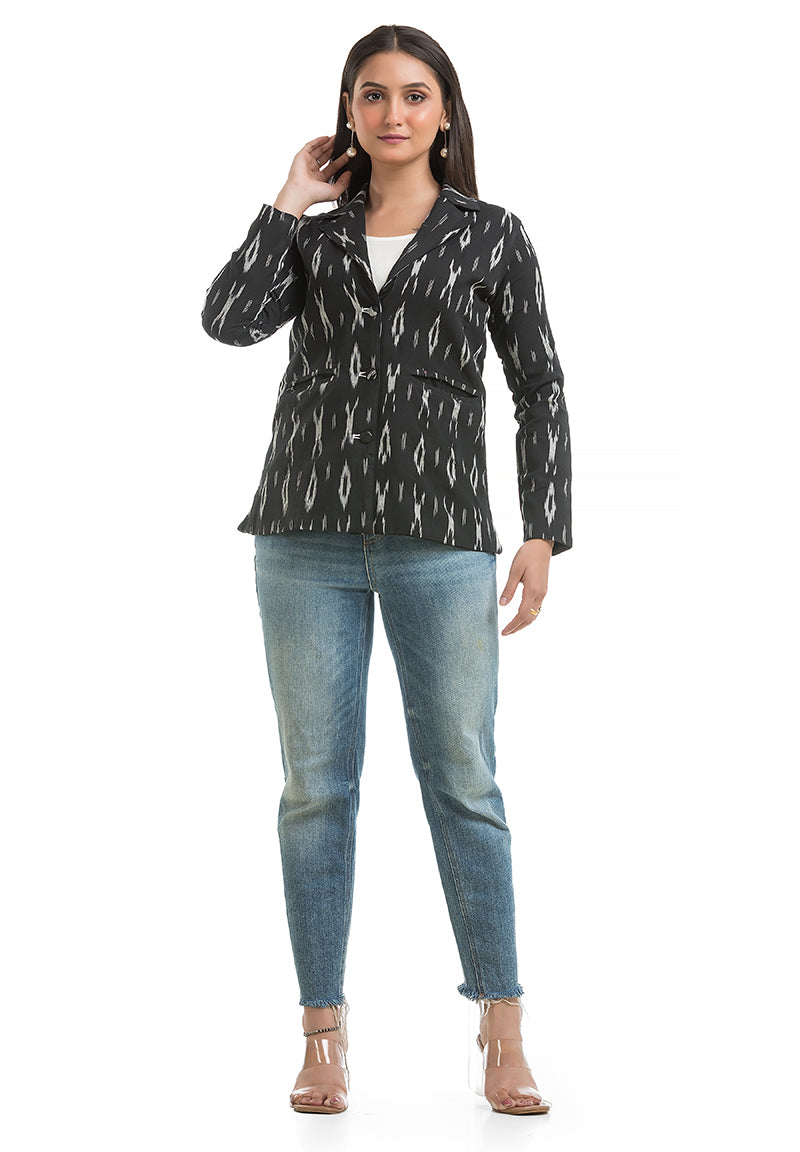 Women's Black Ikkat Printed Blazer