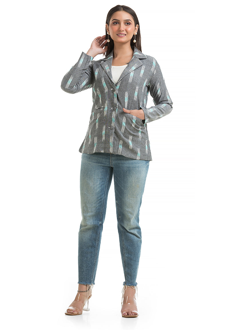 Women's Grey Ikkat Printed Blazer