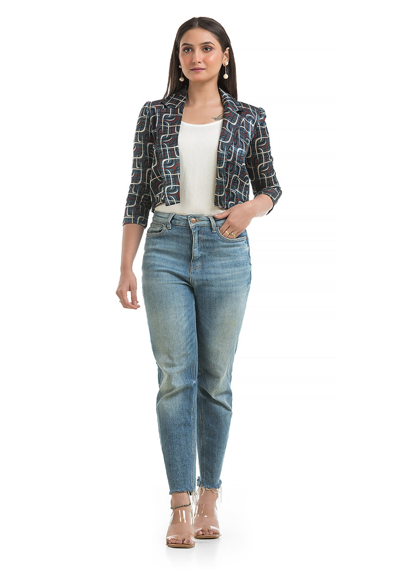 Women's Navy Blue Ajrakh Printed Jacket