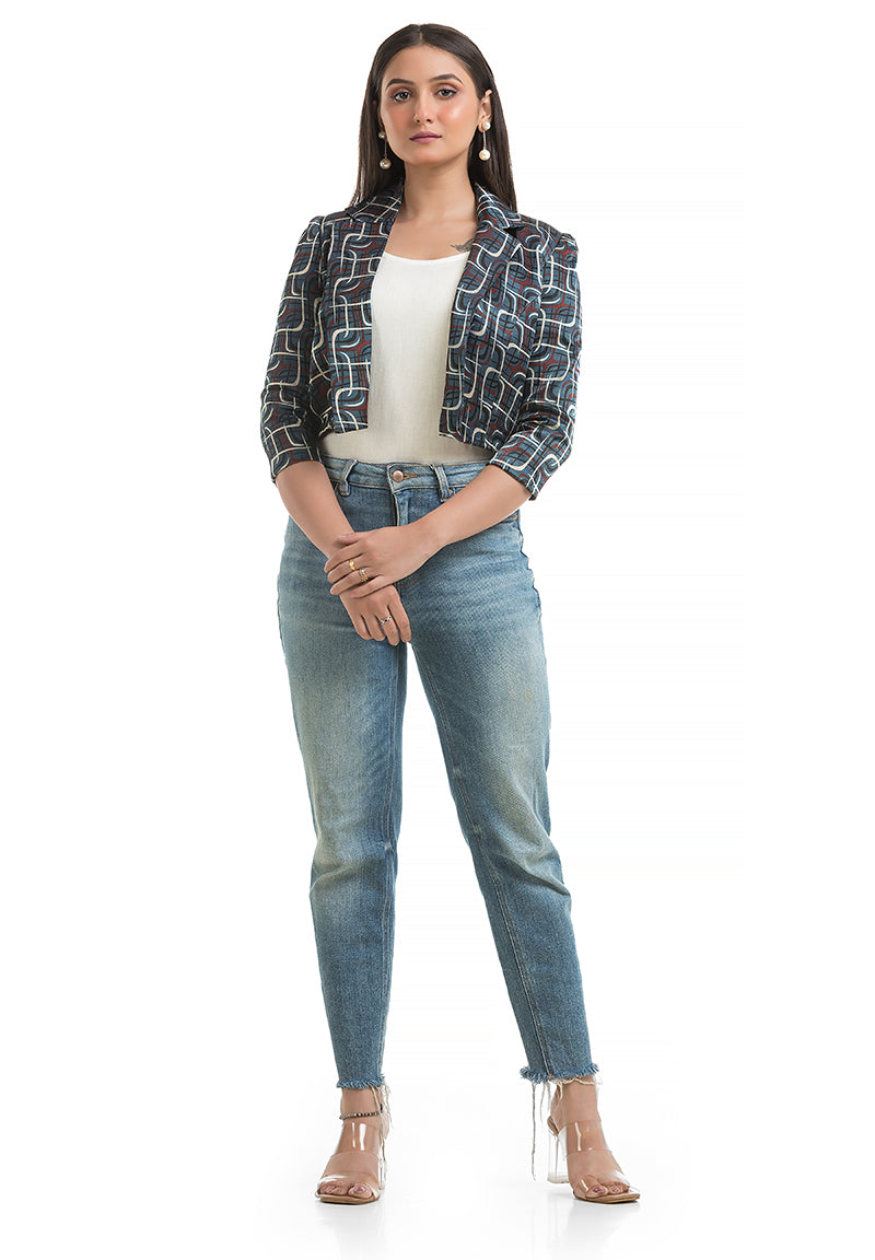 Women's Navy Blue Ajrakh Printed Jacket