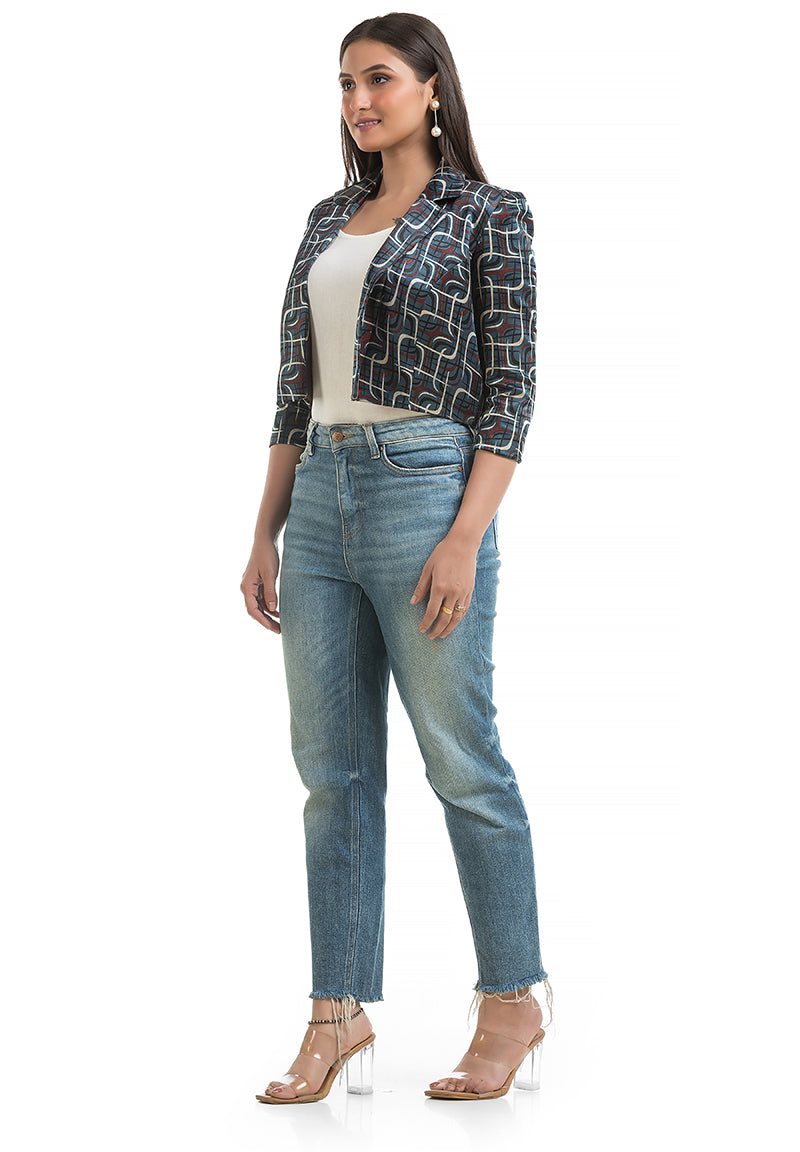 Women's Navy Blue Ajrakh Printed Jacket