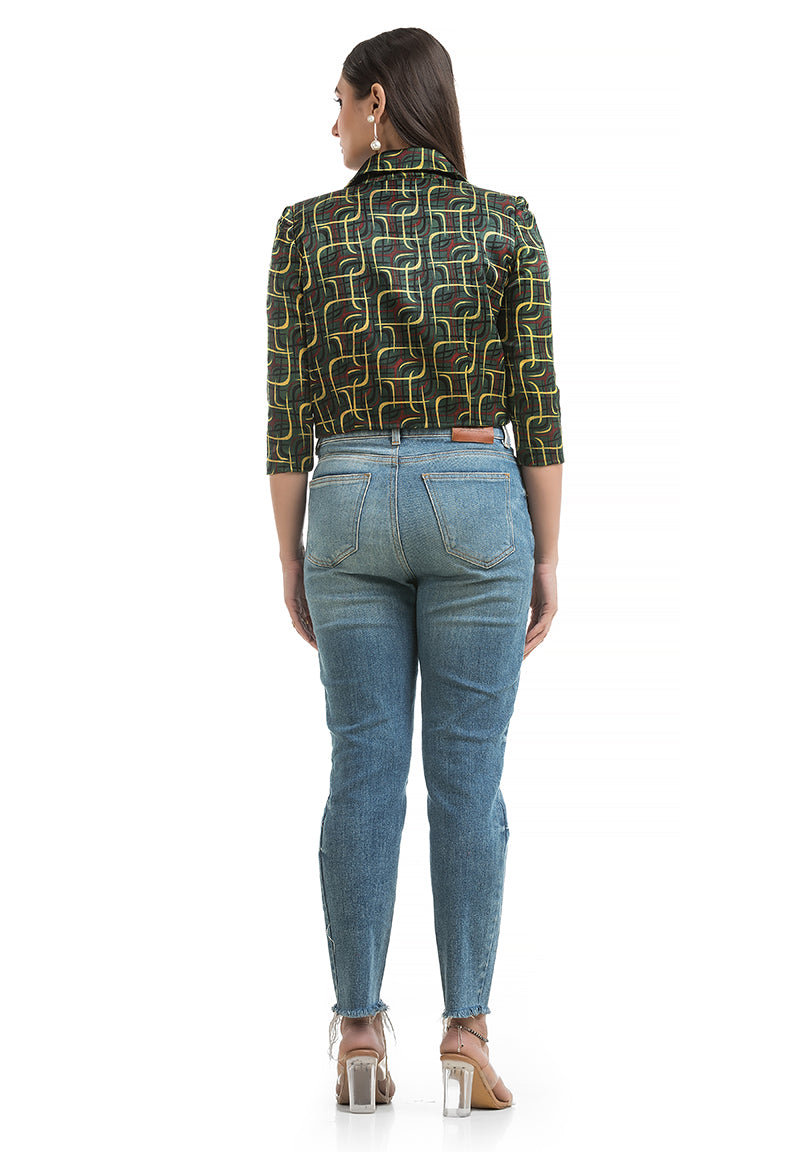 Women's Green Ajrakh Printed Jacket