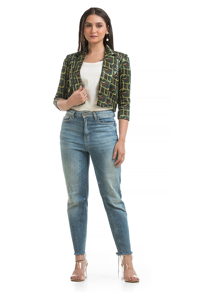 Women's Green Ajrakh Printed Jacket