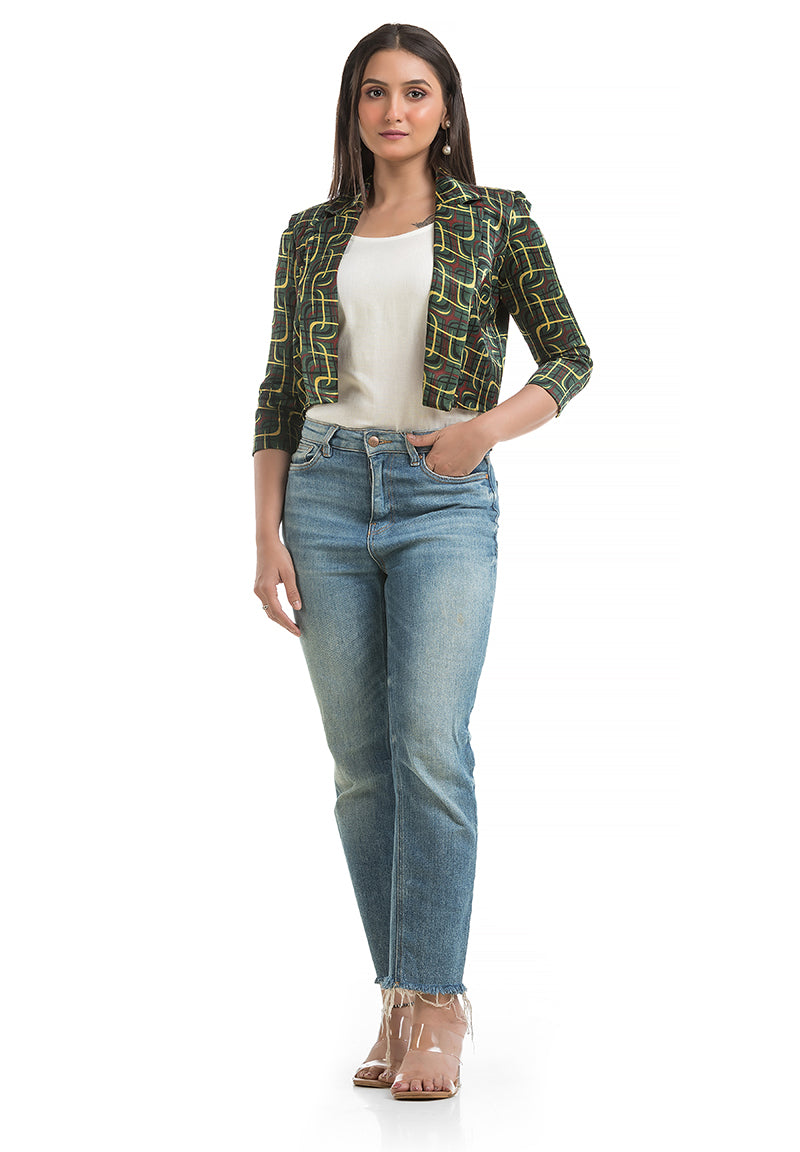 Women's Green Ajrakh Printed Jacket