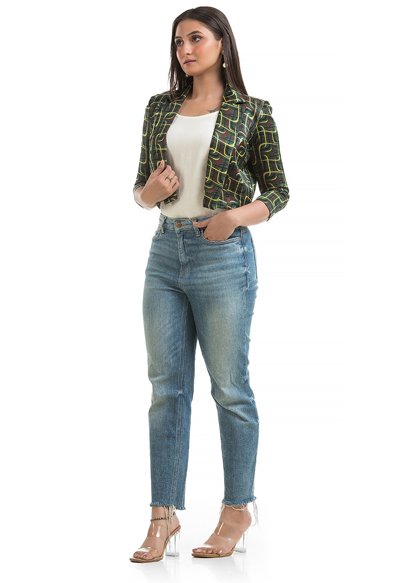Women's Green Ajrakh Printed Jacket