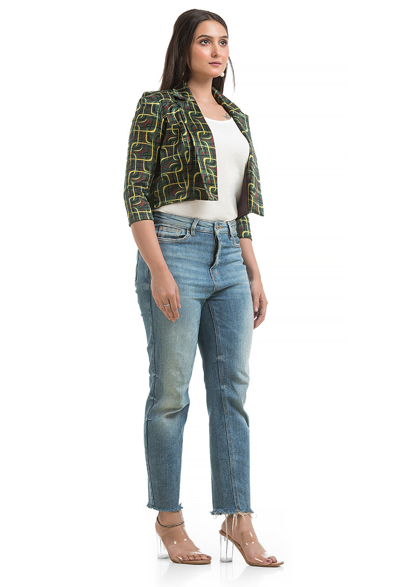 Women's Green Ajrakh Printed Jacket