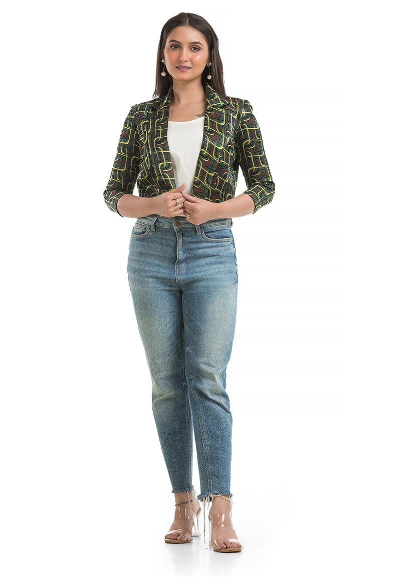 Women's Green Ajrakh Printed Jacket