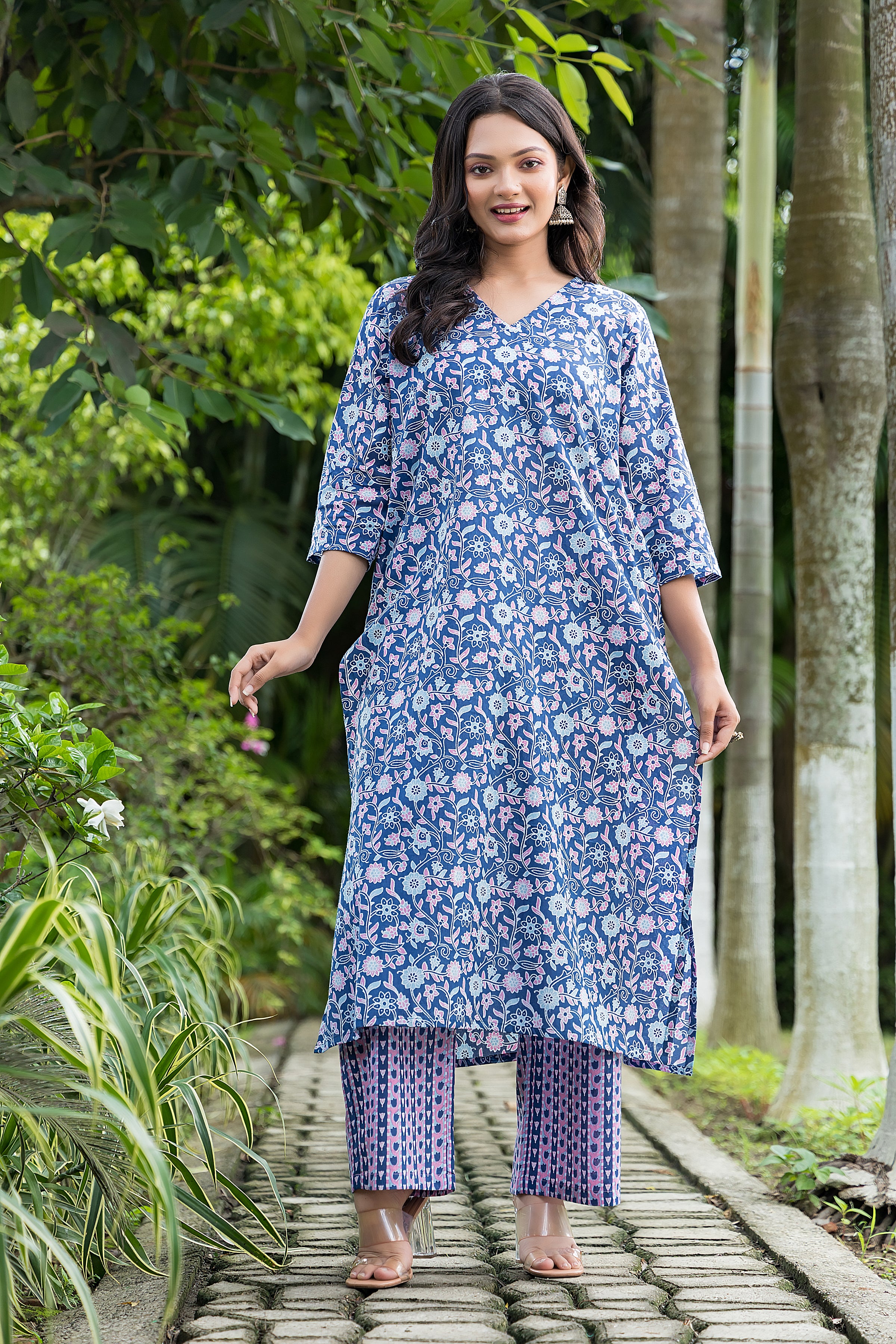 Women's Light Blue Long Kurta With Pant Set
