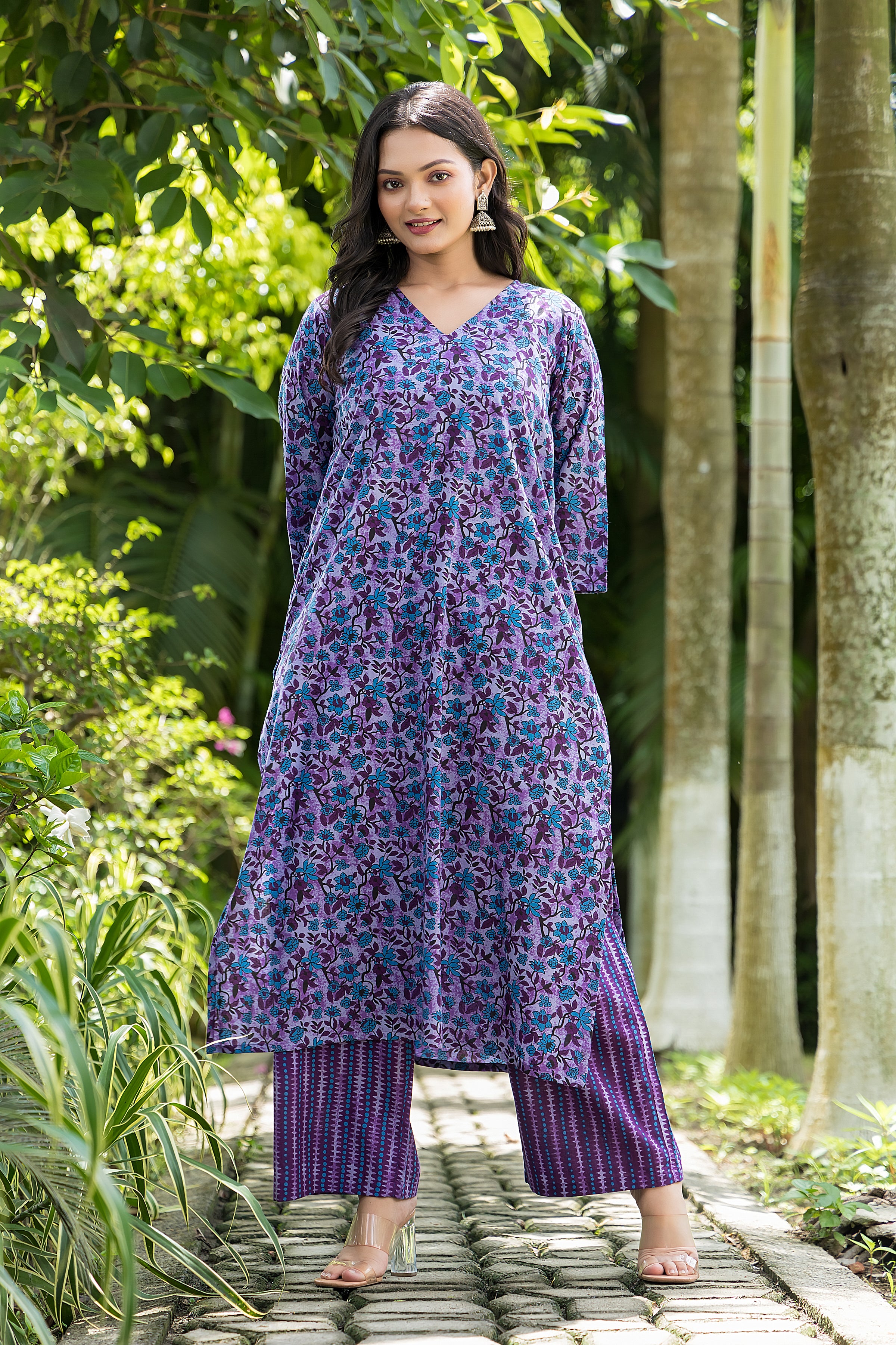 Women's Purple Long Kurta With Pant Set