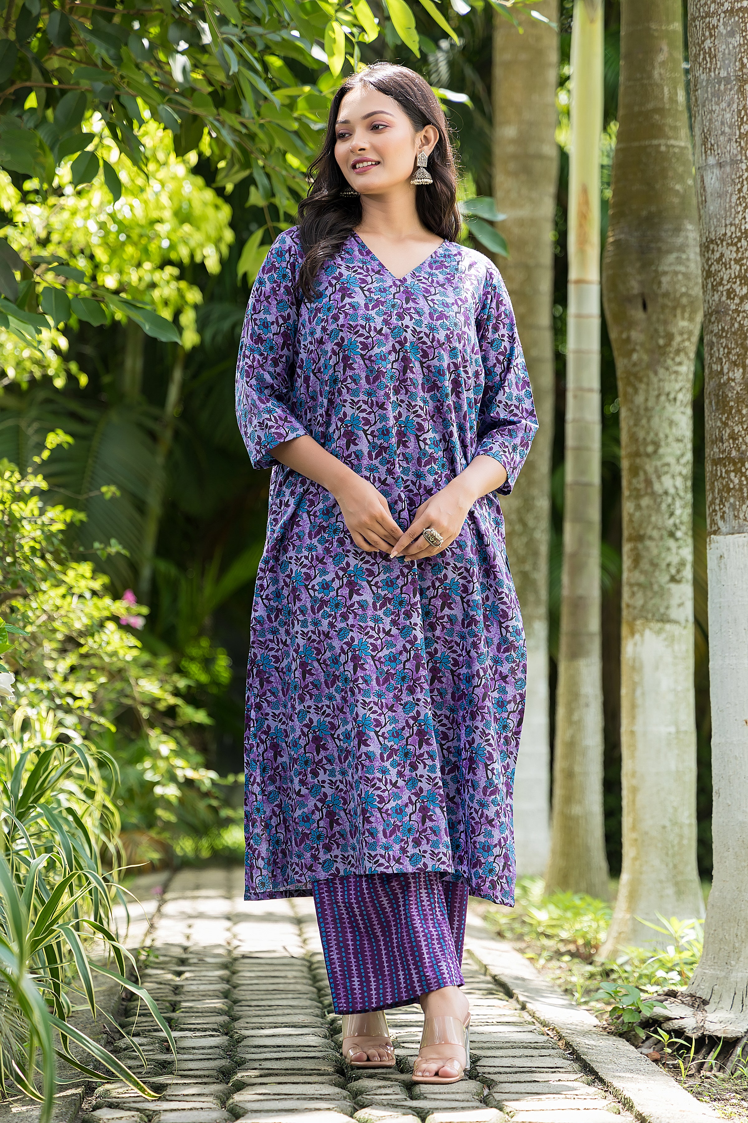 Women's Purple Long Kurta With Pant Set