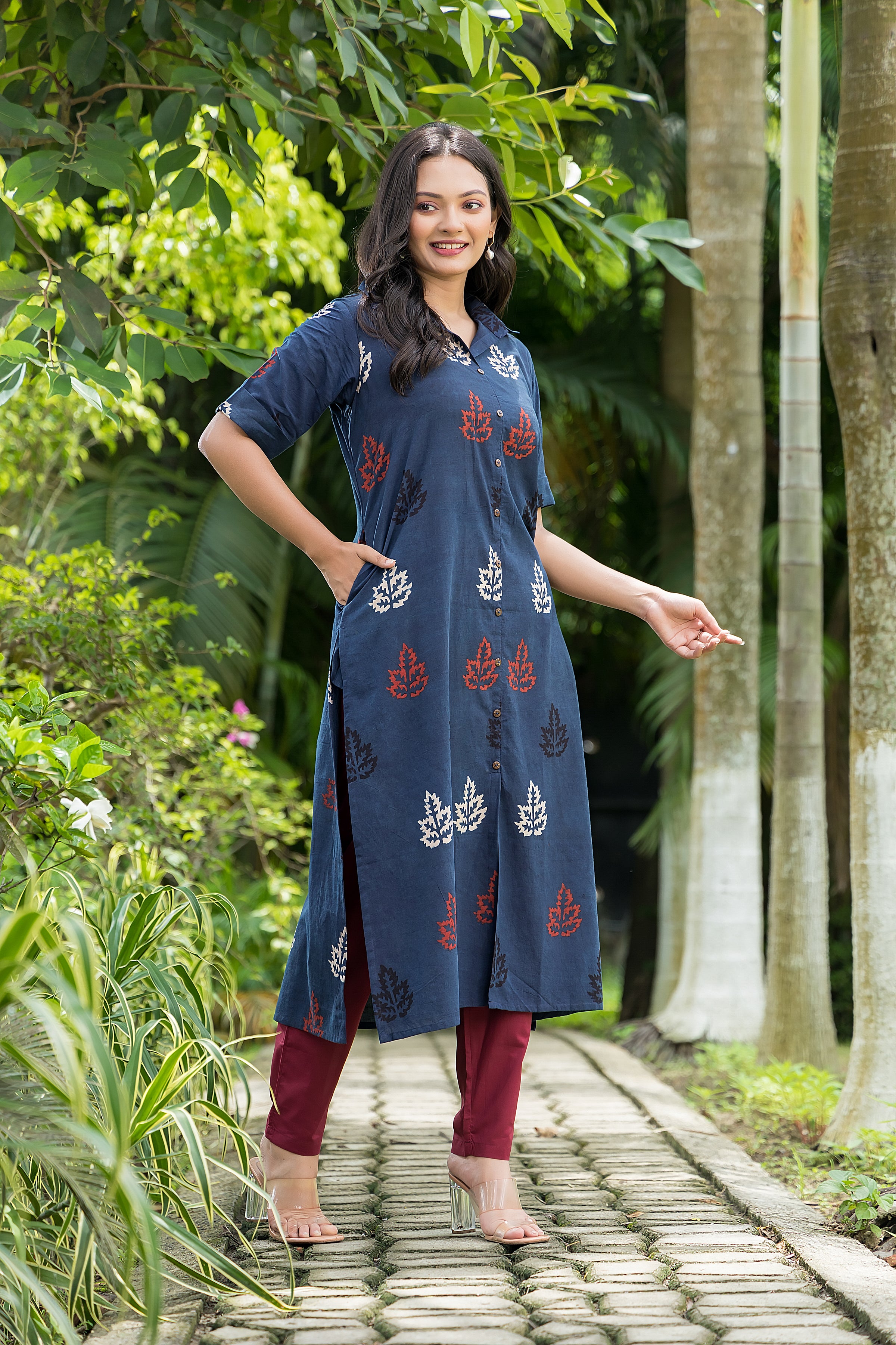 Women's Cotton Navy Blue Handblock Kurta