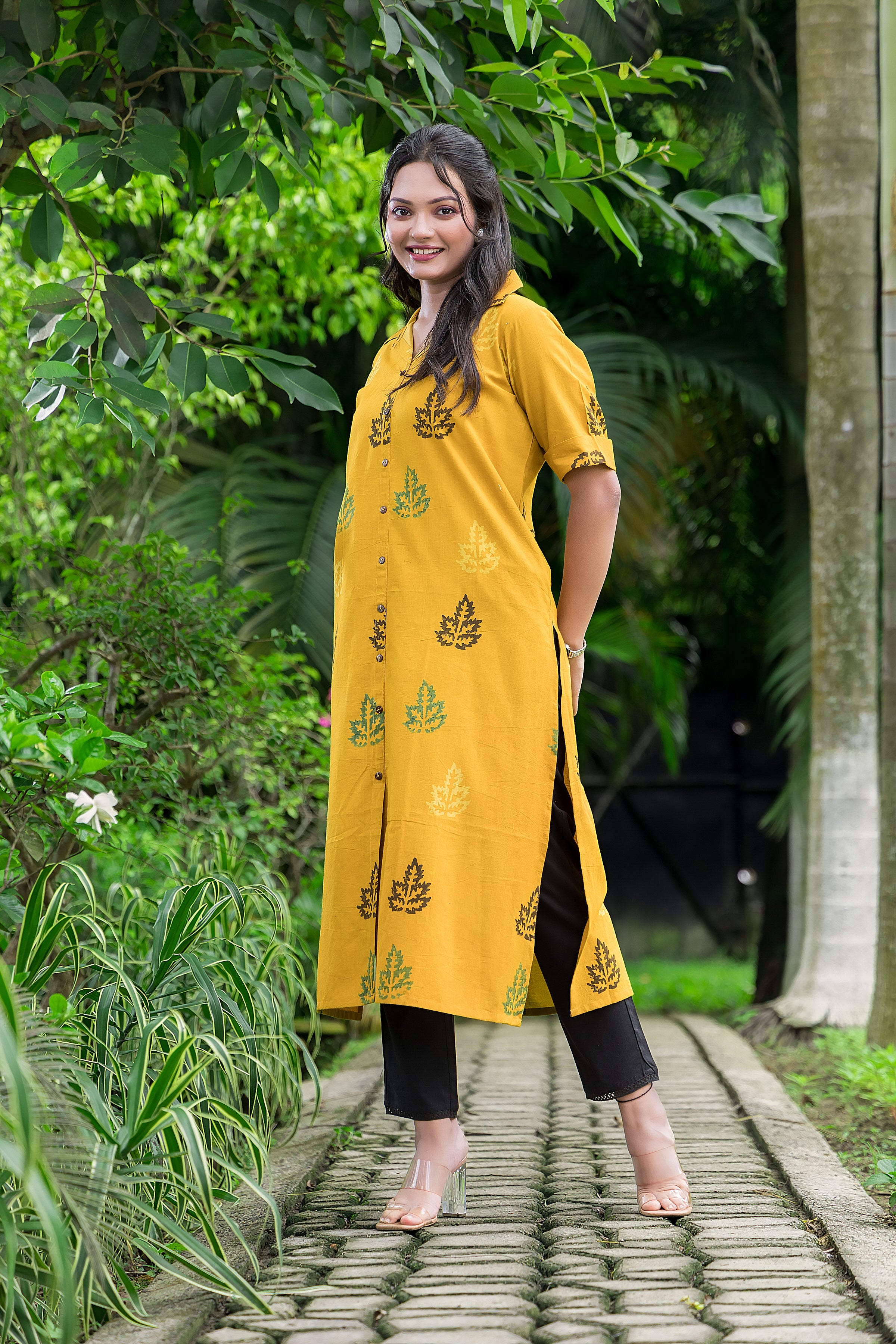 Women's Cotton Yellow Handblock Kurta