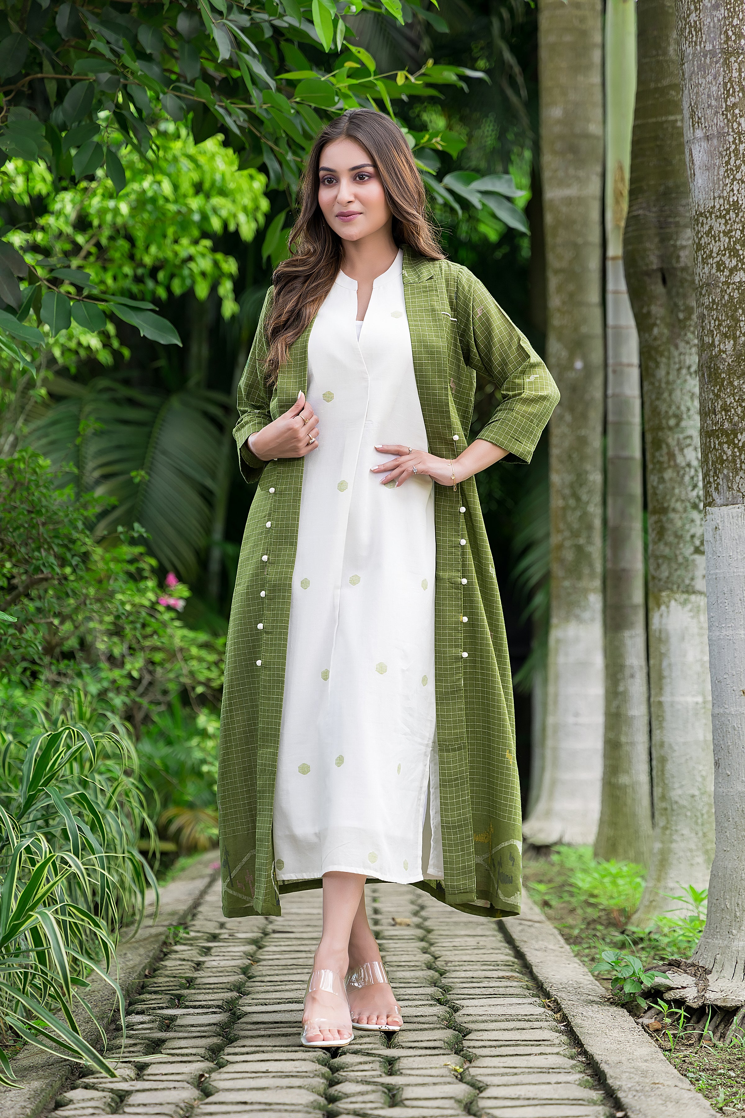 Women's Cotton White Jamdani Motif Dress With Green Shrug