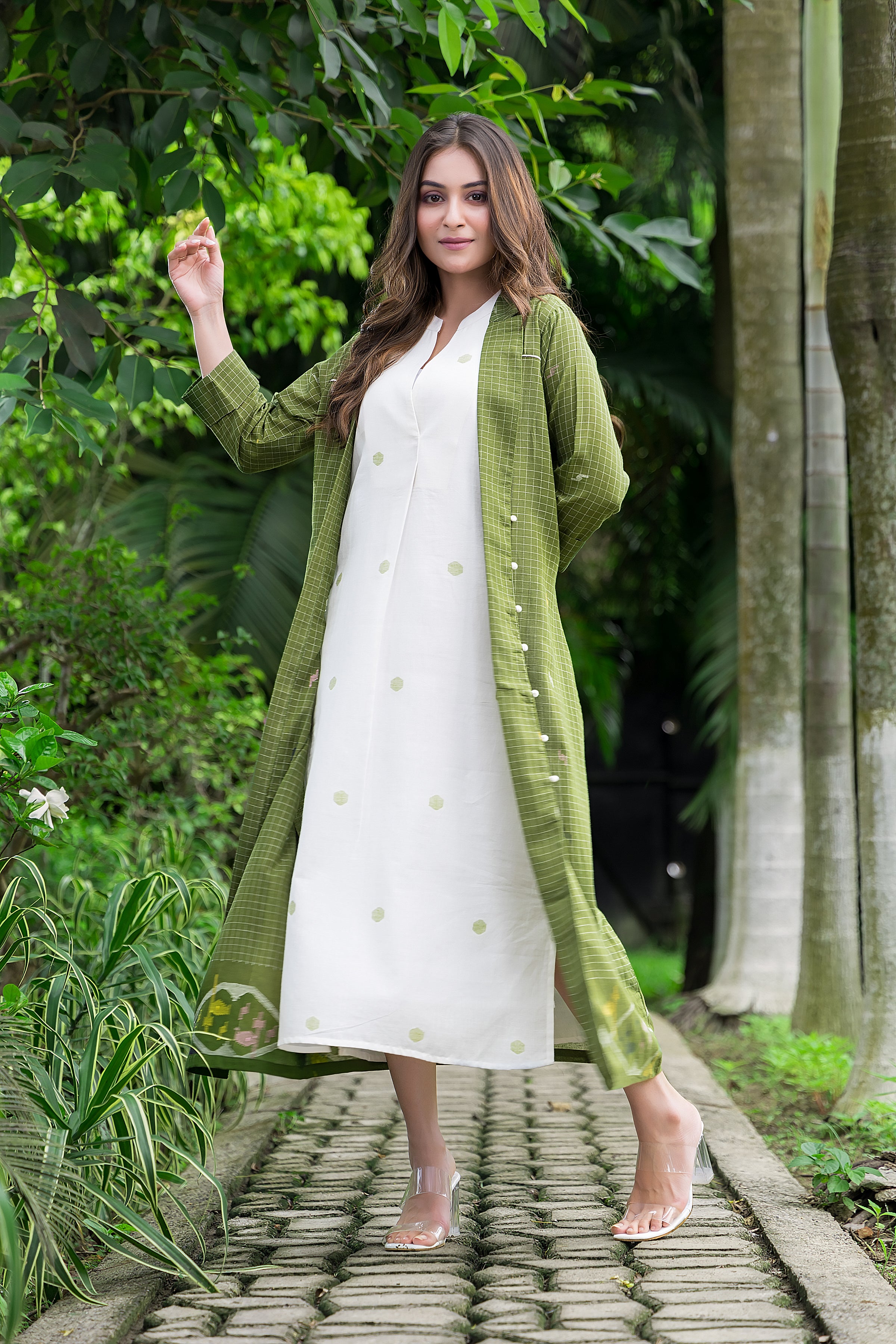 Women's Cotton White Jamdani Motif Dress With Green Shrug