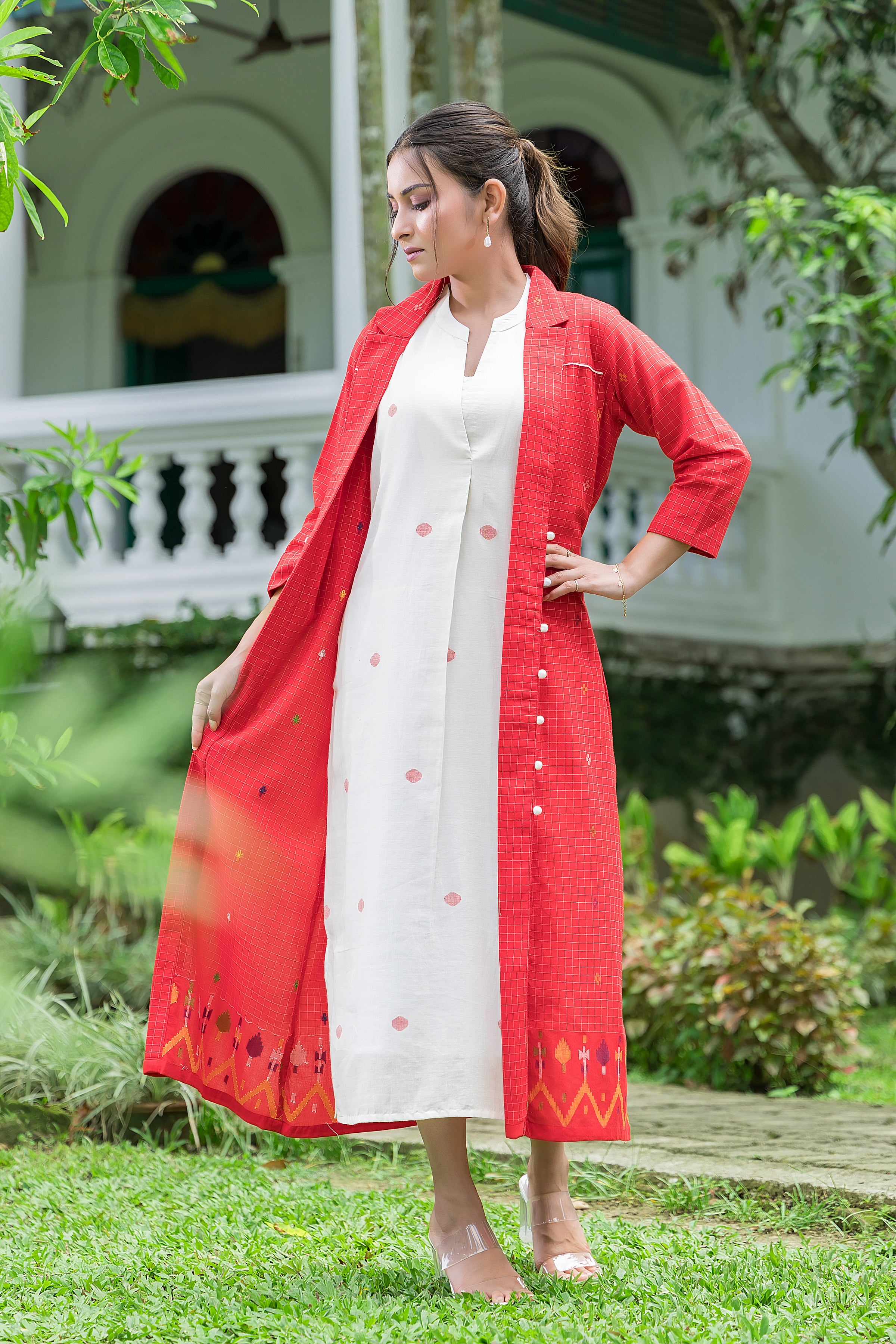 Women's Cotton White Jamdani Motif Dress With Red Shrug