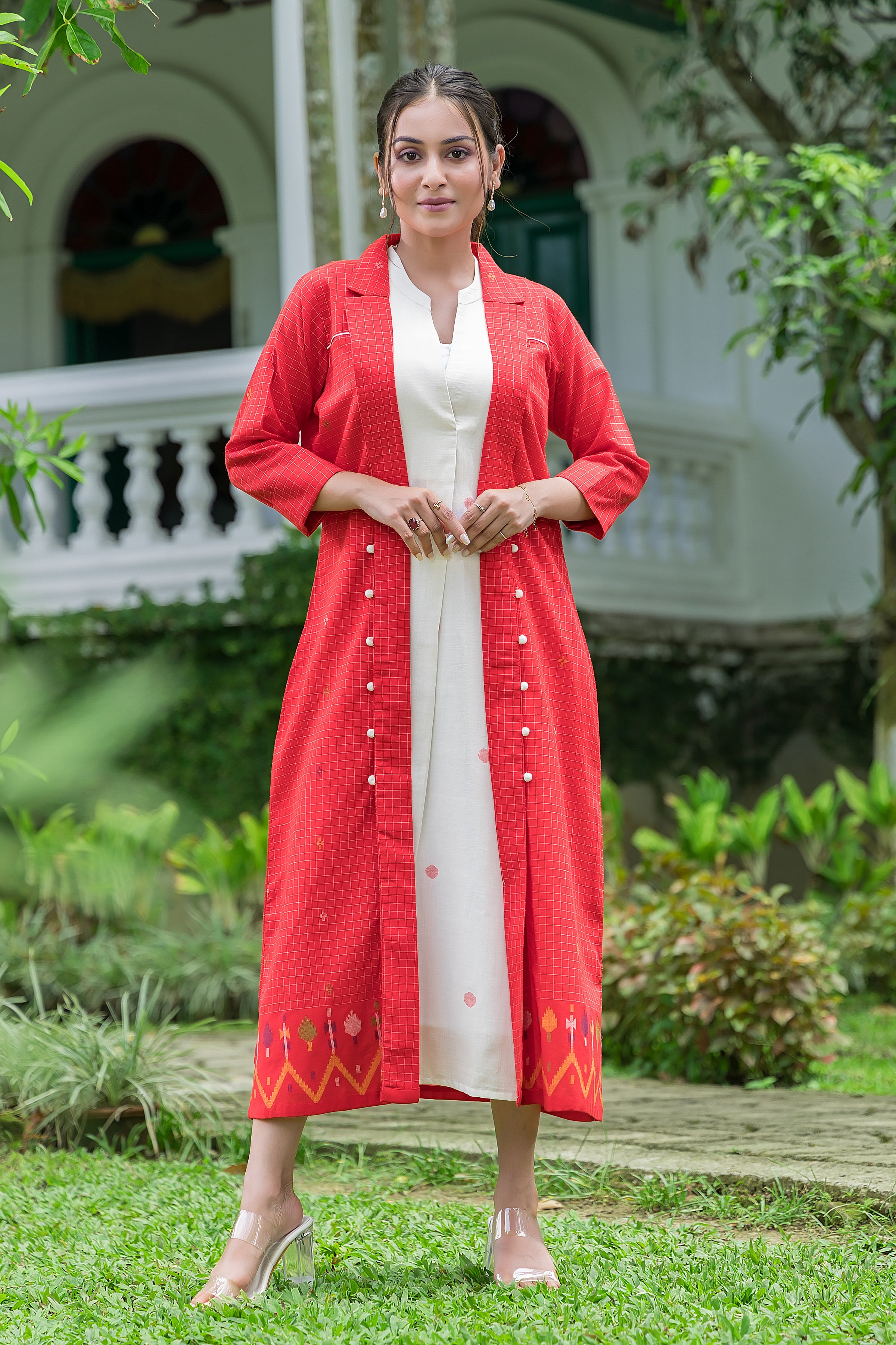 Women's Cotton White Jamdani Motif Dress With Red Shrug