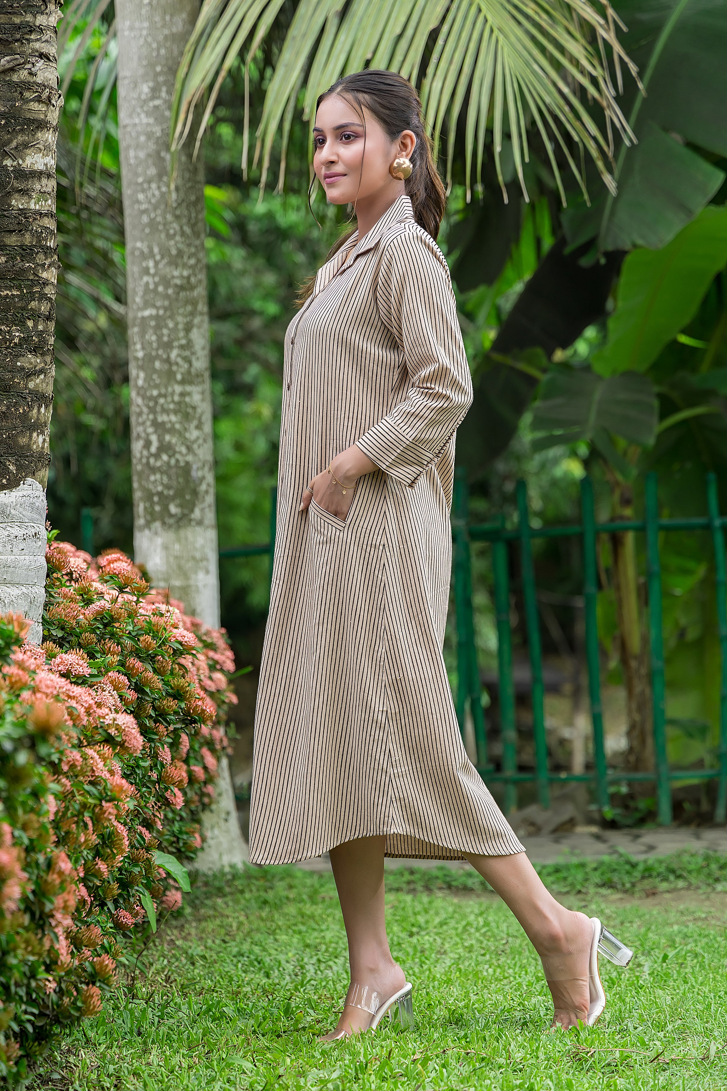 Women's Cotton Off White Shirt Collar Dress