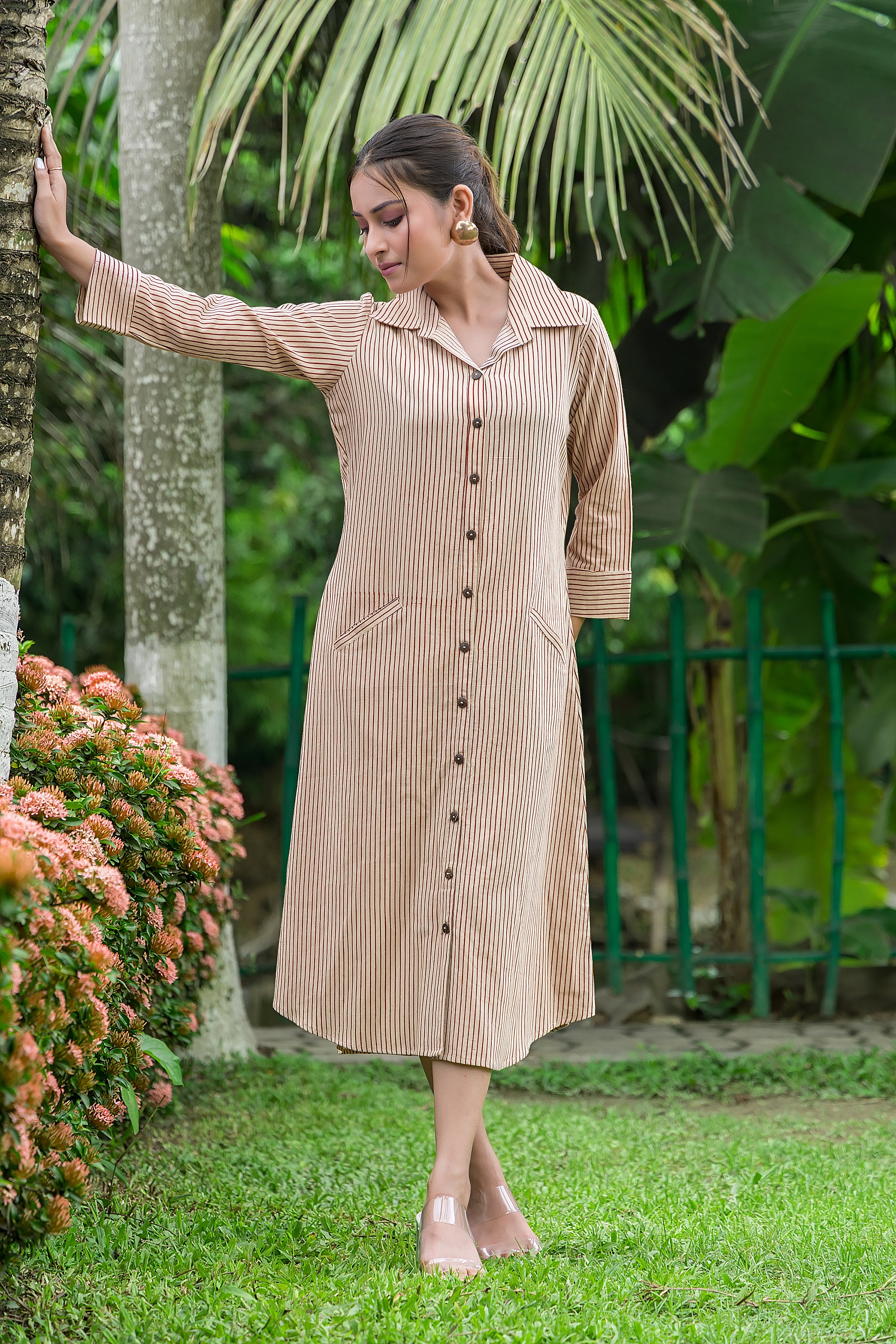 Women's Off White Striped Shirt Collar Dress