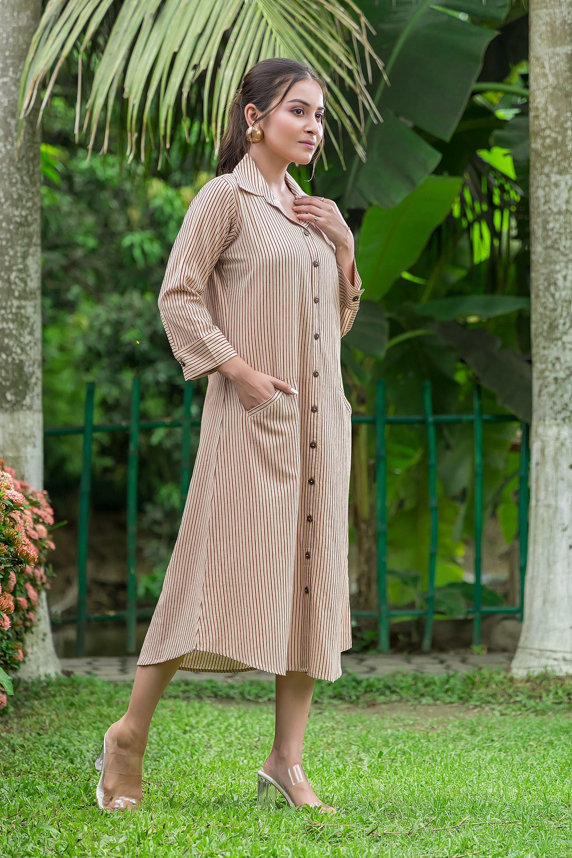 Women's Off White Striped Shirt Collar Dress