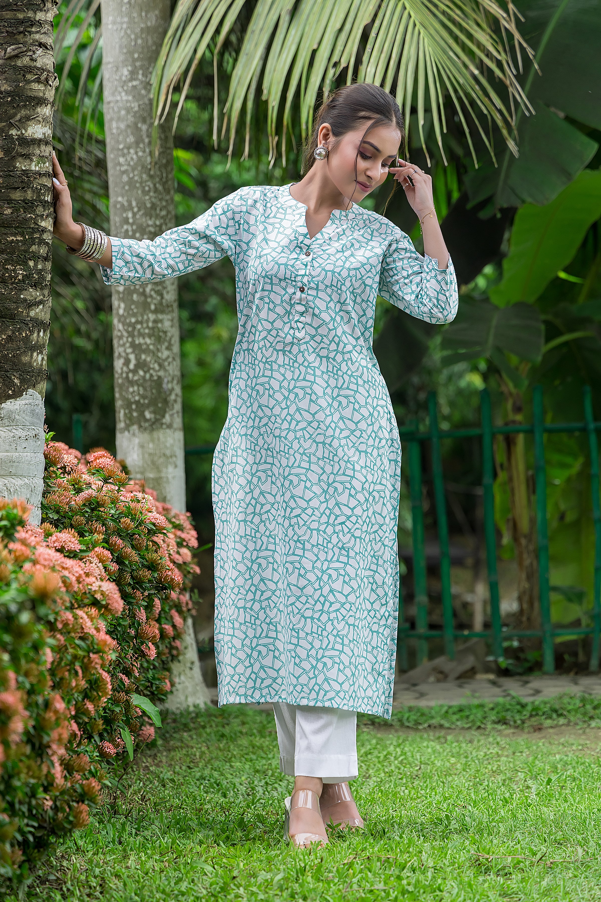 Women's Coral Green Cotton Kurti