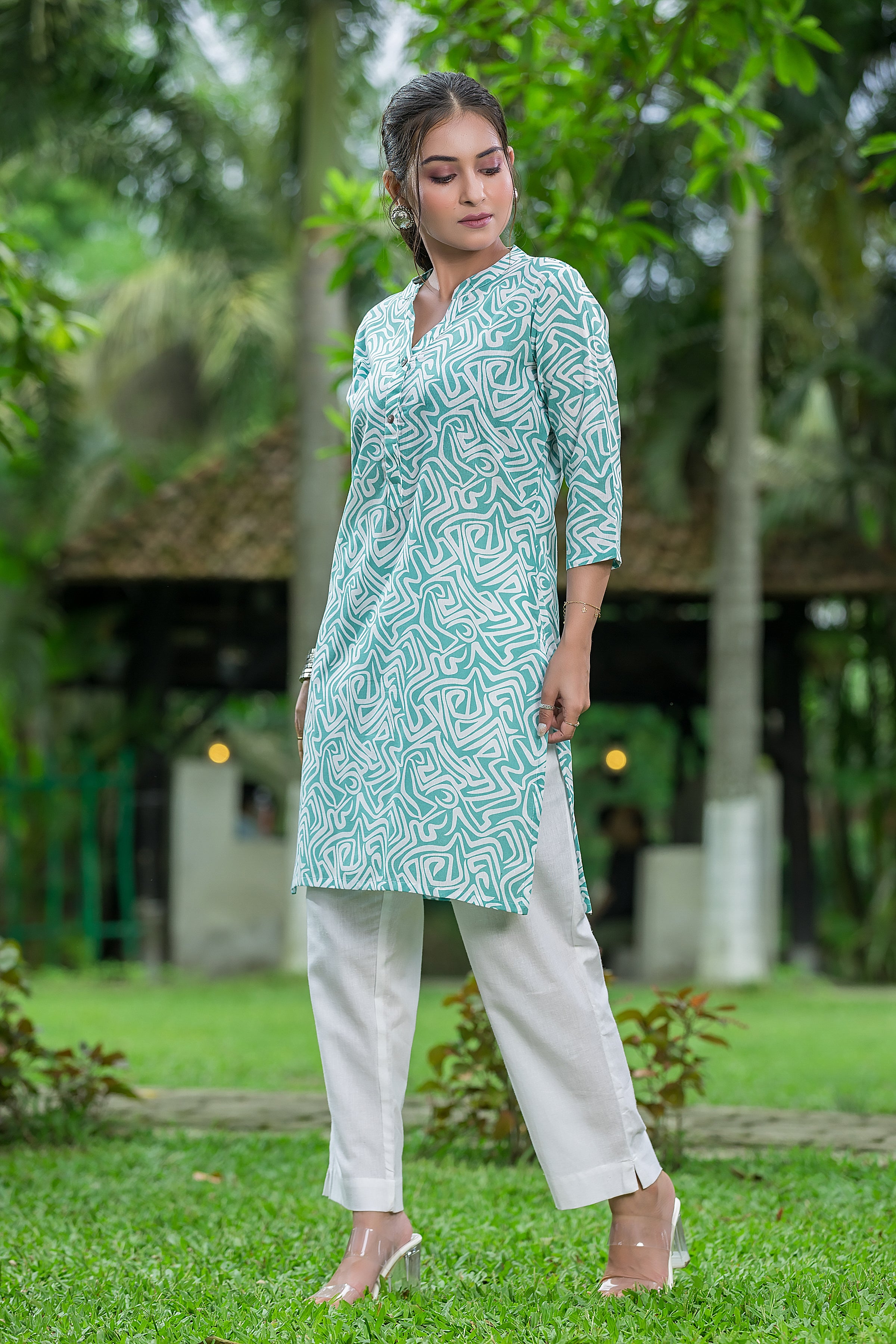 Women's Geometric Printed Green Cotton Top