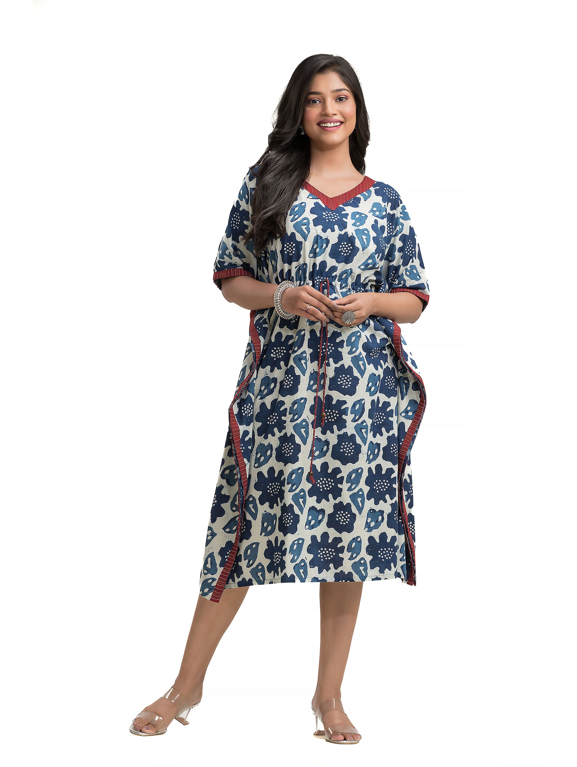 Indigo Hand Block Kaftan with Draw-string